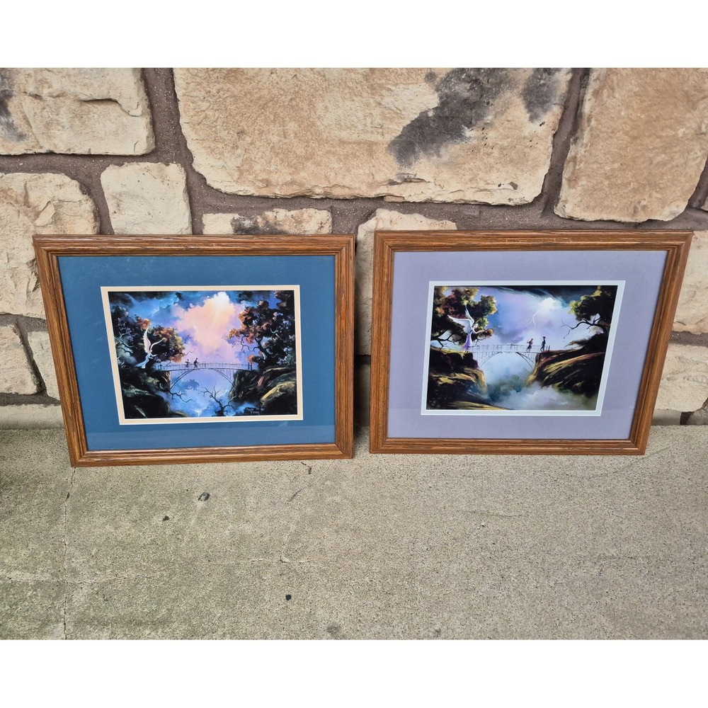Vintage Vincent Fleming Angel Bridge Fantasy Art Prints Framed Pair 1995